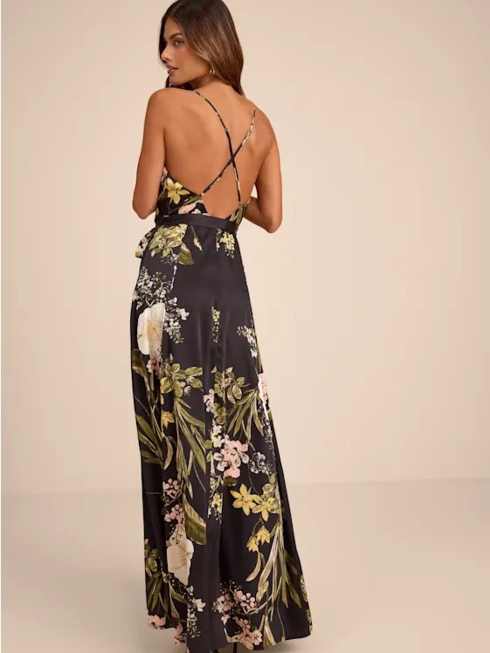 Lulu's Black Floral Wrap Maxi Dress with Green and Blush Print- NEW WITH TAGS XS - Picture 3 of 10